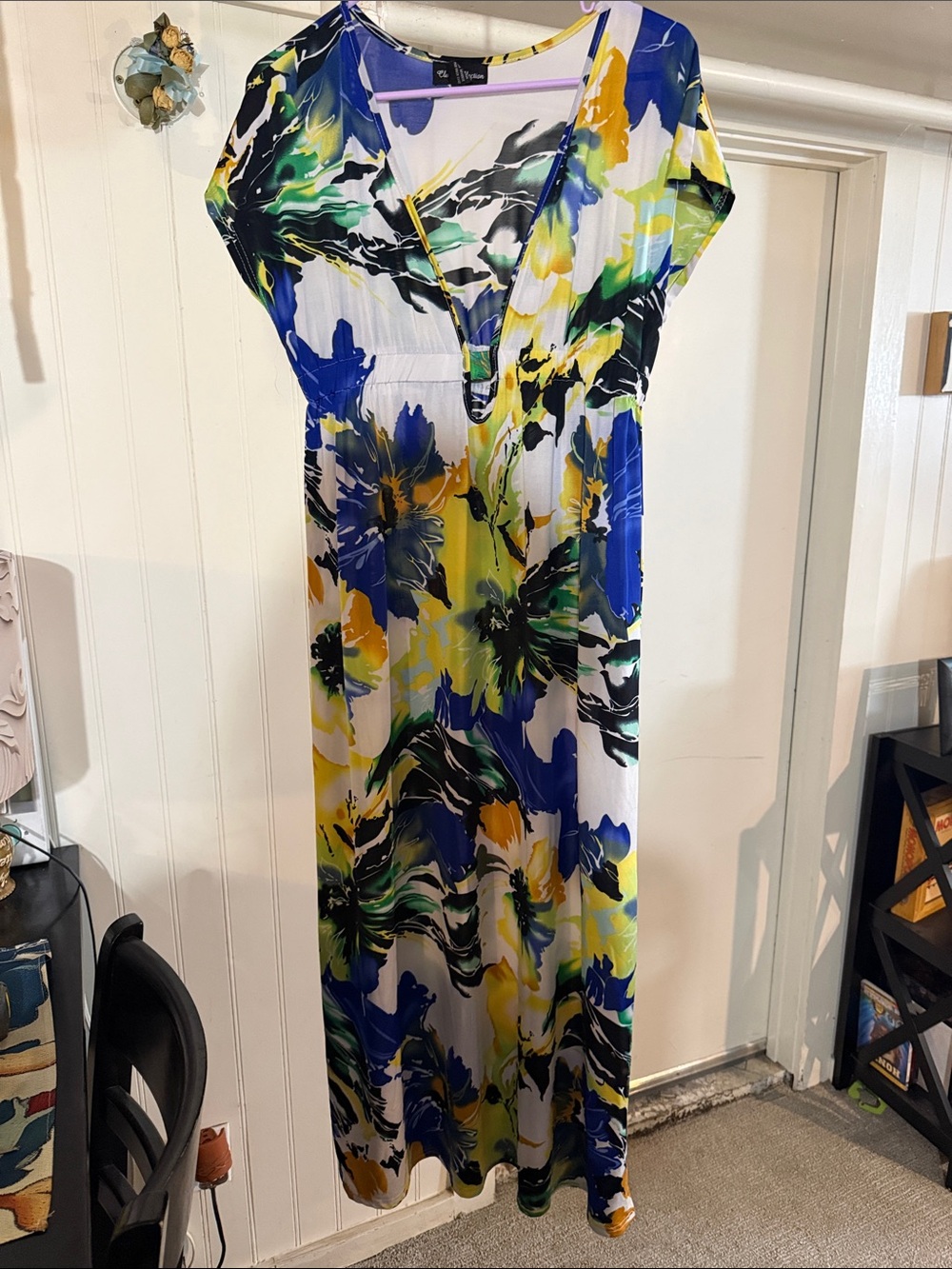Floral V-Neck Maxi Dress in Blue & Yellow